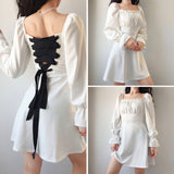 Palace dress with bubble sleeves, square collar, back bandage, sexy party dress