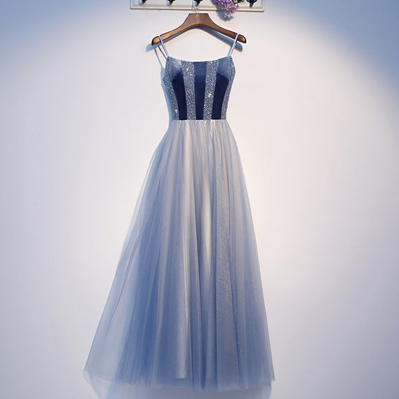 Modern blue dress, elegant midi dress,spaghetti strap bridesmaids dress