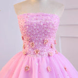 Strapless ball gown,applique floral prom dress,pink party dress,chic quinceanera dress