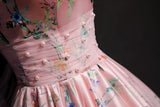 Spaghetti strap party dress,pink evening dress,floral prom dress,unique prom dress