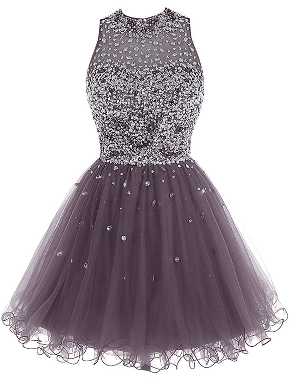 Short Tulle Beading Homecoming Dress,Prom Gown, Rhinestones Beaded Short Prom Dress, Gray Tulle Prom Dress