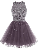 Short Tulle Beading Homecoming Dress,Prom Gown, Rhinestones Beaded Short Prom Dress, Gray Tulle Prom Dress