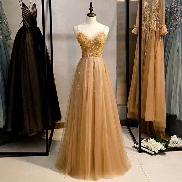 Yellow party dress spaghetti straps evening dress, v neck prom dress ,backless formal dress tulle beading floor length dress