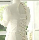 v-neck wedding dress,white satin bridal dress