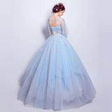 Long sleeves prom dress light blue party dress ball gown with appliques,blue quinceanera dress
