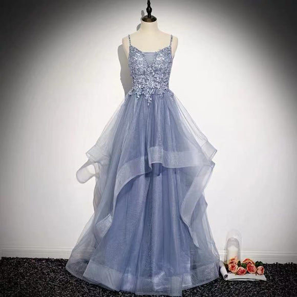 Blue party dress ,spaghetti straps evening dress, tulle applique formal dress