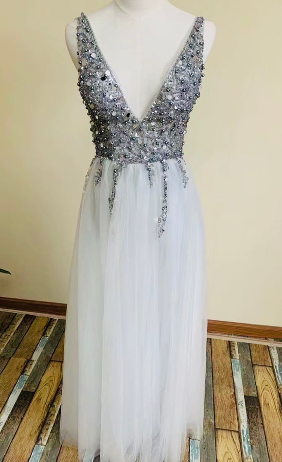 spaghetti strap prom dress,v-neck party dress,sexy evening dress with beads