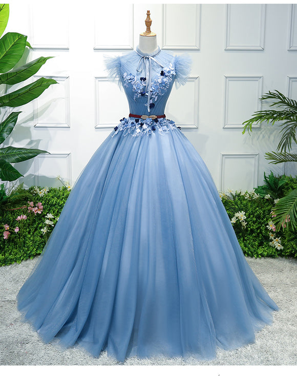 Blue party dress, stage outfit,high neck ball gown, fairy evening dress,high neck quinceanera dress