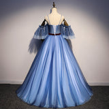 Fashion, ingenious sleeve design, blue bouffant dress, decal dress,off shoulde ball gwon