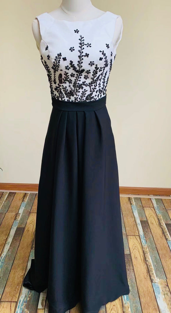 sleeveless evening dress ,white and black party dress,formal dress with beads