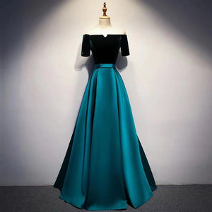 Green party dress ,off shoulder evening dress ,satin long formal dress