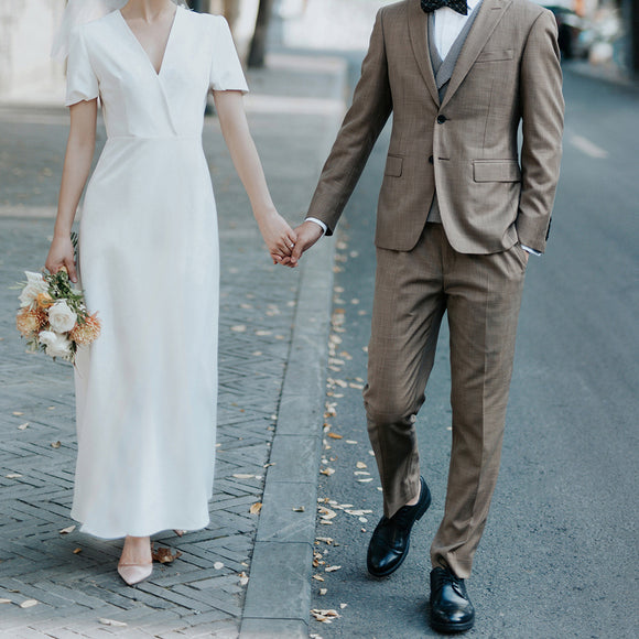 v-neck bridal dress, short sleeve wedding dress,elegant bridal dress