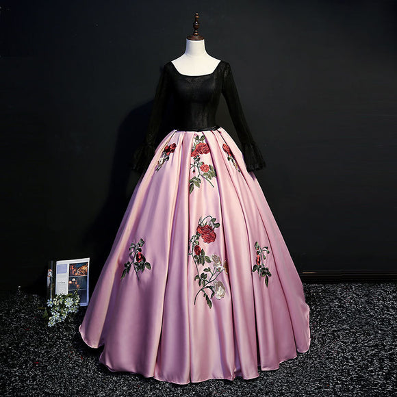Long sleeve prom dress,vintage eveninng dress,charming ball gown with embroidered
