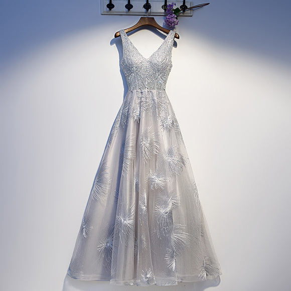 V-neck, birthday party dress, gray party dress bridesmaid dress