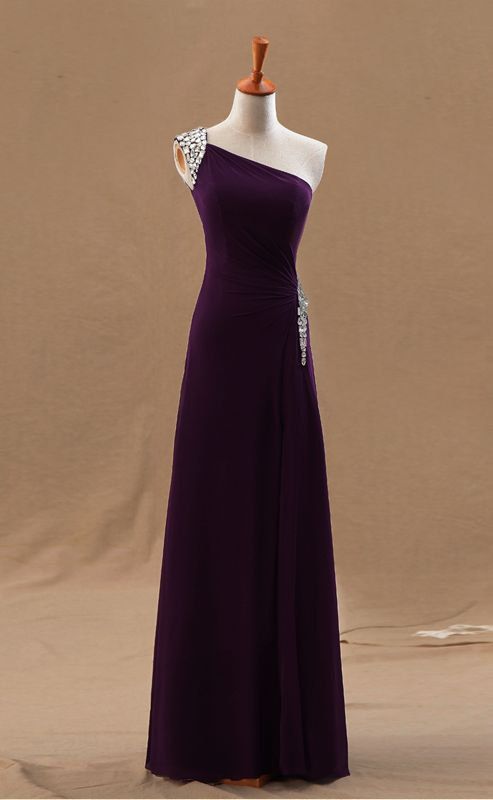 Sexy one-shoulder sequined dress, purple slim party dress, elegant long velvet dress