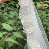 Lace pearl flower single plain veil, bridal veil, white wedding dress veil,3 meters long
