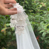 Lace pearl flower single plain veil, bridal veil, white wedding dress veil,3 meters long