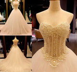 Luxurious handmade pearl, sexy strapless , bridal dress, tail wedding dress