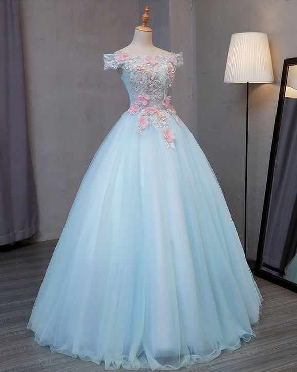 Off Shoulder prom dress, floral dress, blue evening dress quinceanera dress