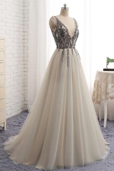 Elegant Tulle Prom Dress, Sequins Long Party Dress, V-Neck White Evening Dress