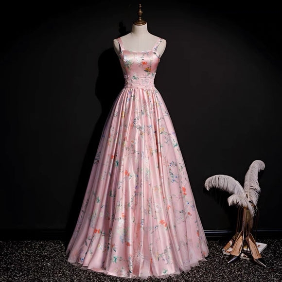 Spaghetti strap party dress,pink evening dress,floral prom dress,unique prom dress
