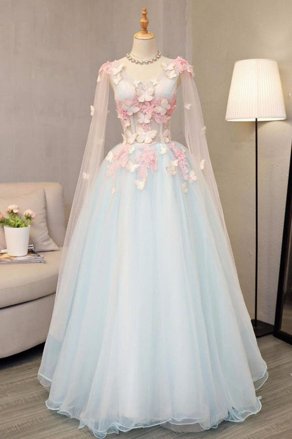 Sky blue tulle ,long A-line prom dress, long V neck ,butterfly party dress