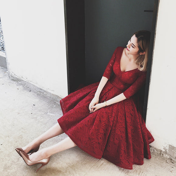 Simple Evening Dress,Elegant Prom Dress,Red Prom Dress,Lace Midi Dress