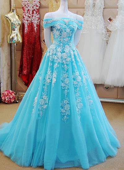 Long lace prom dress, appliques formal prom dress, blue evening dress