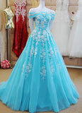 Long lace prom dress, appliques formal prom dress, blue evening dress