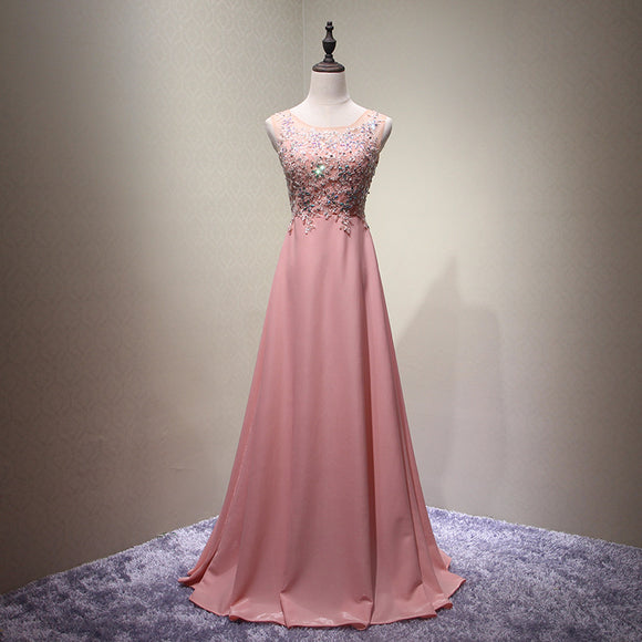 Sleeveless prom dress,pink party dress,beaded prom dress,chic bridesmaid dress