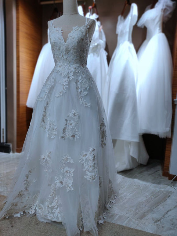 spaghetti strap wedding dress,lace bridal dress,sexy backless wedding dress