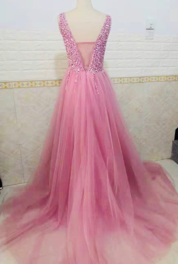 heavily hand ,nailed bead party dress,v-neck prom dress,pink evening dress