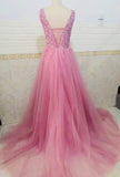 heavily hand ,nailed bead party dress,v-neck prom dress,pink evening dress