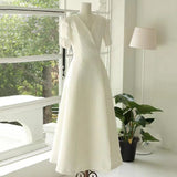 v-neck wedding dress,white satin bridal dress